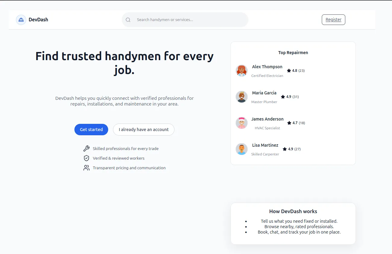 Screenshot of HandyConnect (Hackathon — Team DevDash)