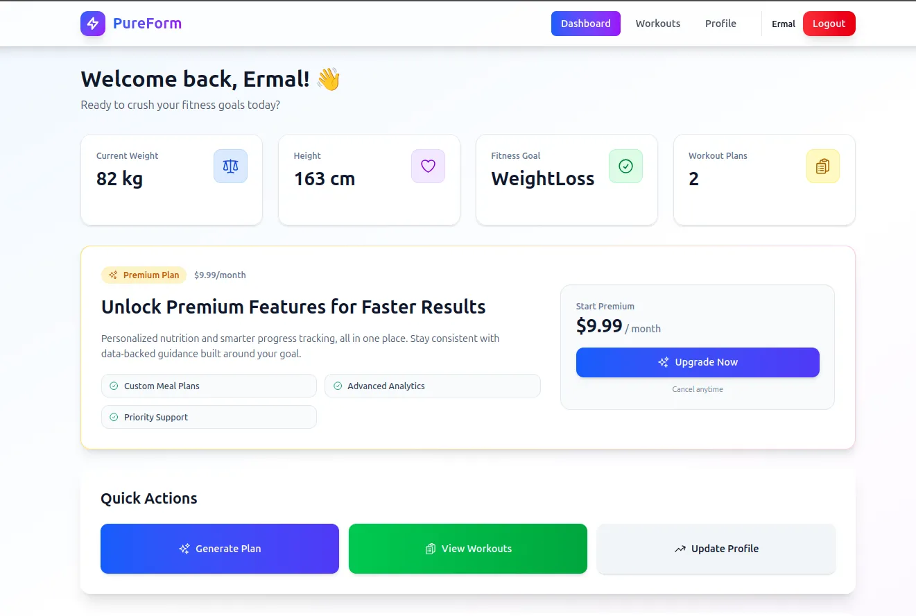Screenshot of PureForm Fitness Platform